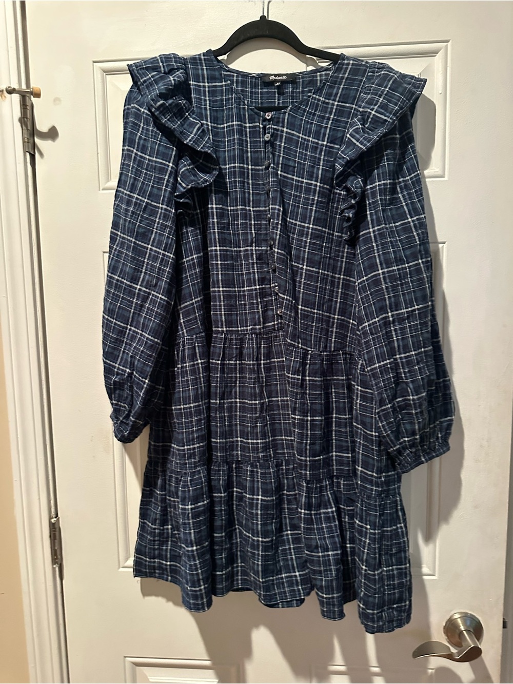 Madewell Blue Plaid Ruffle-Trim Midi Dress-Super cute!